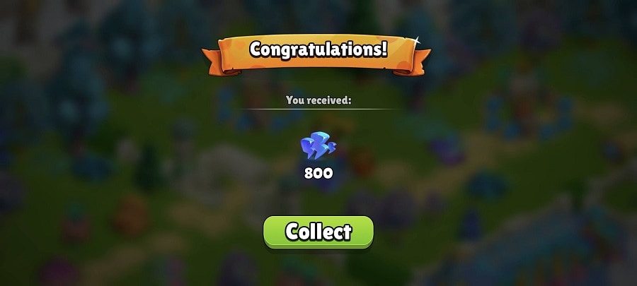 Family Island reward screen showing 800 energy collected